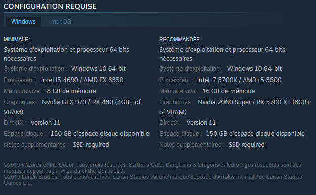 Recommandations Config PC Gamer pour Baldur's Gate 3 sur Steam