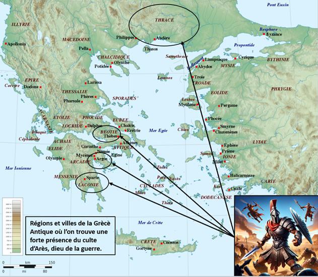 Carte géographique des régions vouant un culte à Arés dans l'antiquité