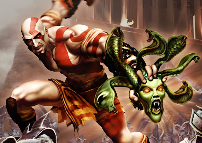 Kratos dans God of War II tenant la tête de Méduse pour pétrifier ces ennemis.