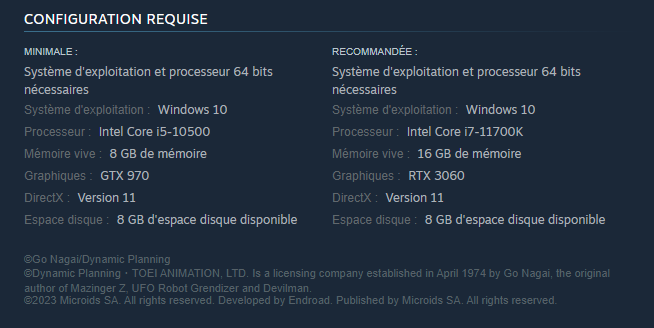 Recommandation Steam sur PC pour Goldorak le Festin des Loups